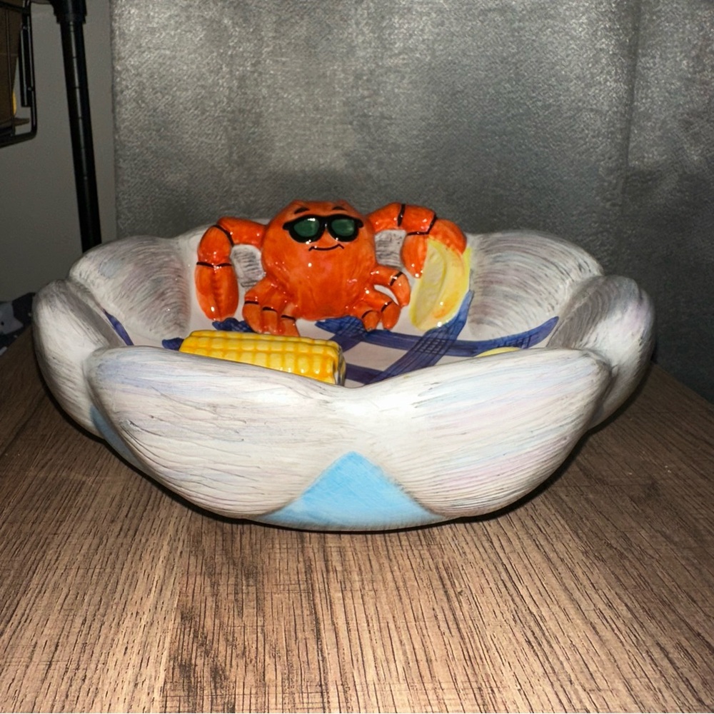 Lotus Majolica Crab Bowl 3D Clams Corn Lemon Nautical Seafood Picnic Blue 1996